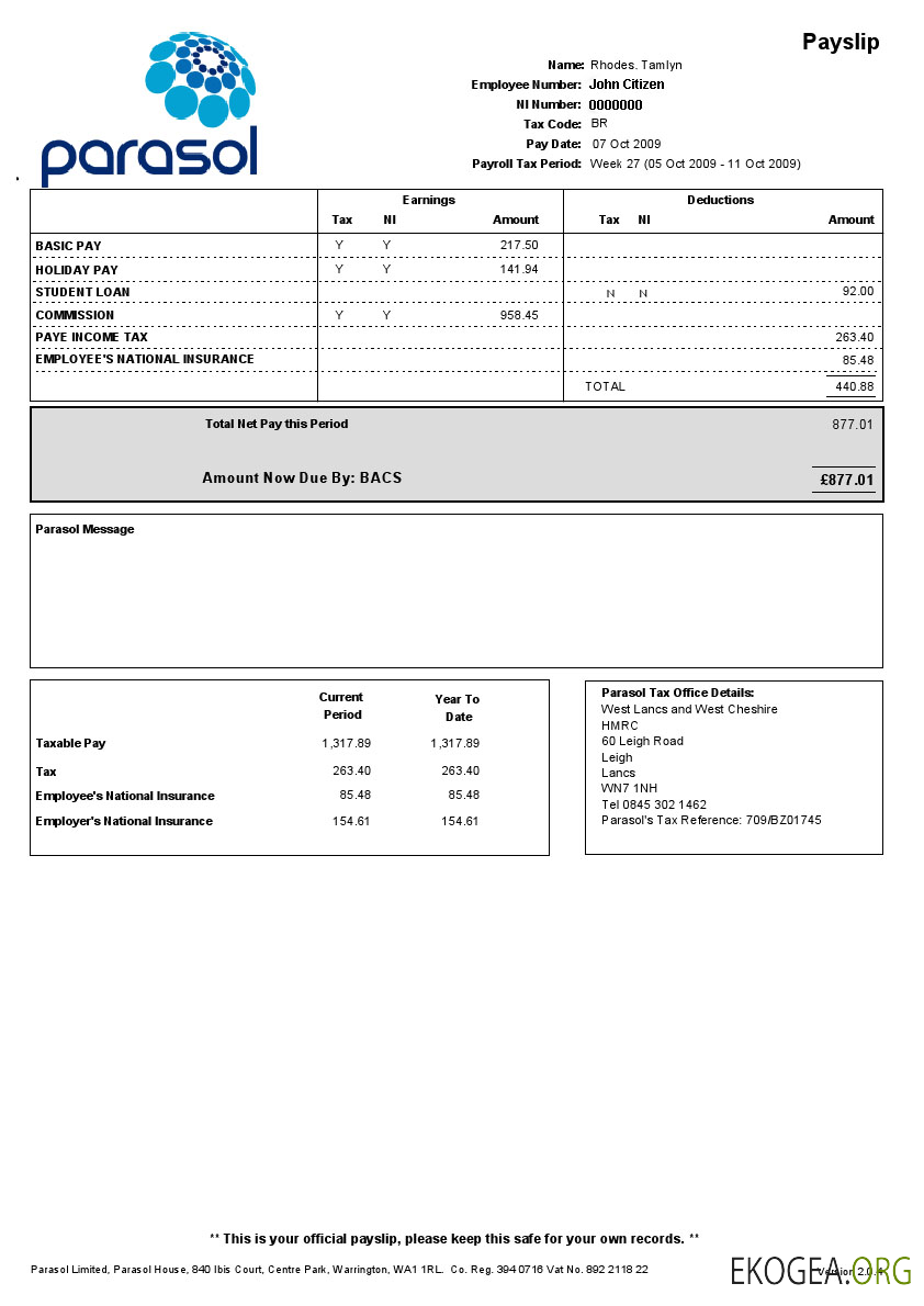 Bulletin de paie PARASOL Limited aux formats Word et PDF